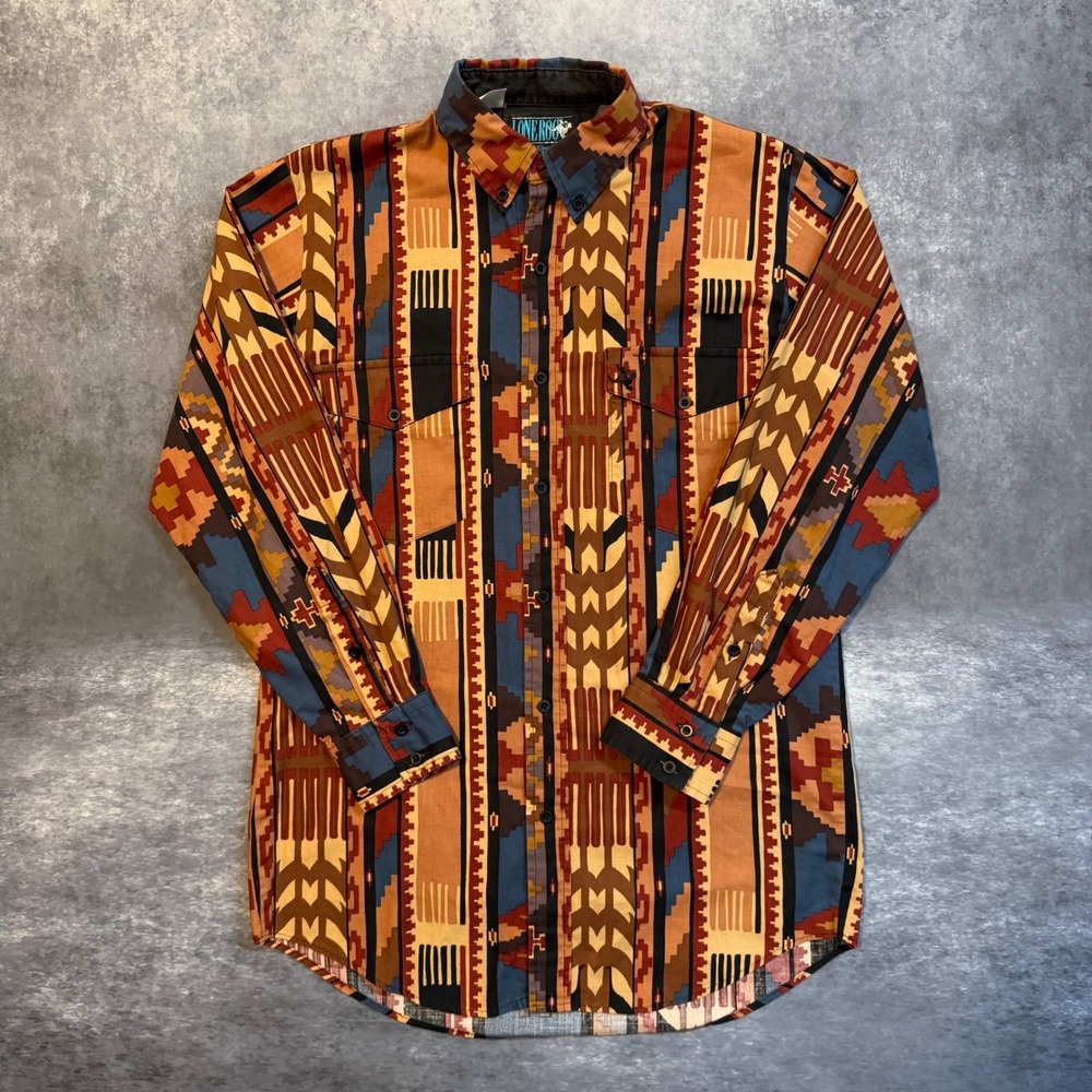 VTG Lone Roo by Roper Mens Southwestern Aztec Print Western Button Down Shirt L